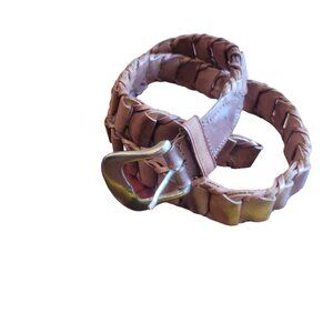 40" Leather Belt, silver tone buckle, weave type pattern